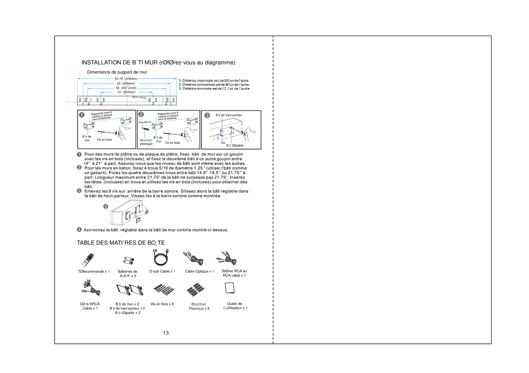 Kinyo HT-1037 manual Table DES Matières DE Boîte, Dimensions de support de mur 