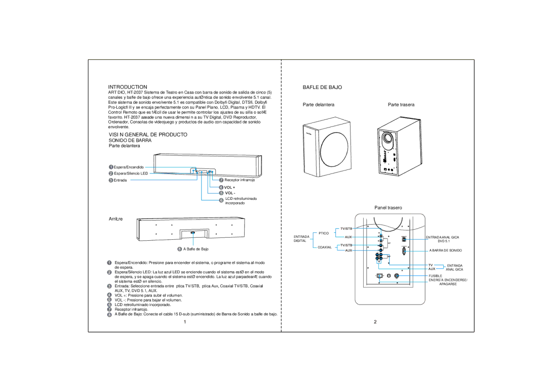 Kinyo HT-1037 manual Bafle DE Bajo, Visión General DE Producto, Sonido DE Barra 