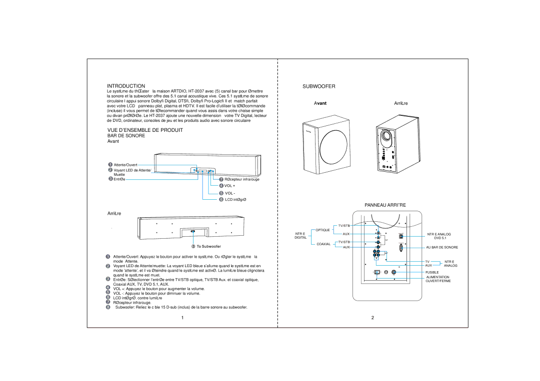 Kinyo HT-1037 manual Introduction, Subwoofer, VUE Densemble DE Produit, BAR DE Sonore, Panneau Arrière 