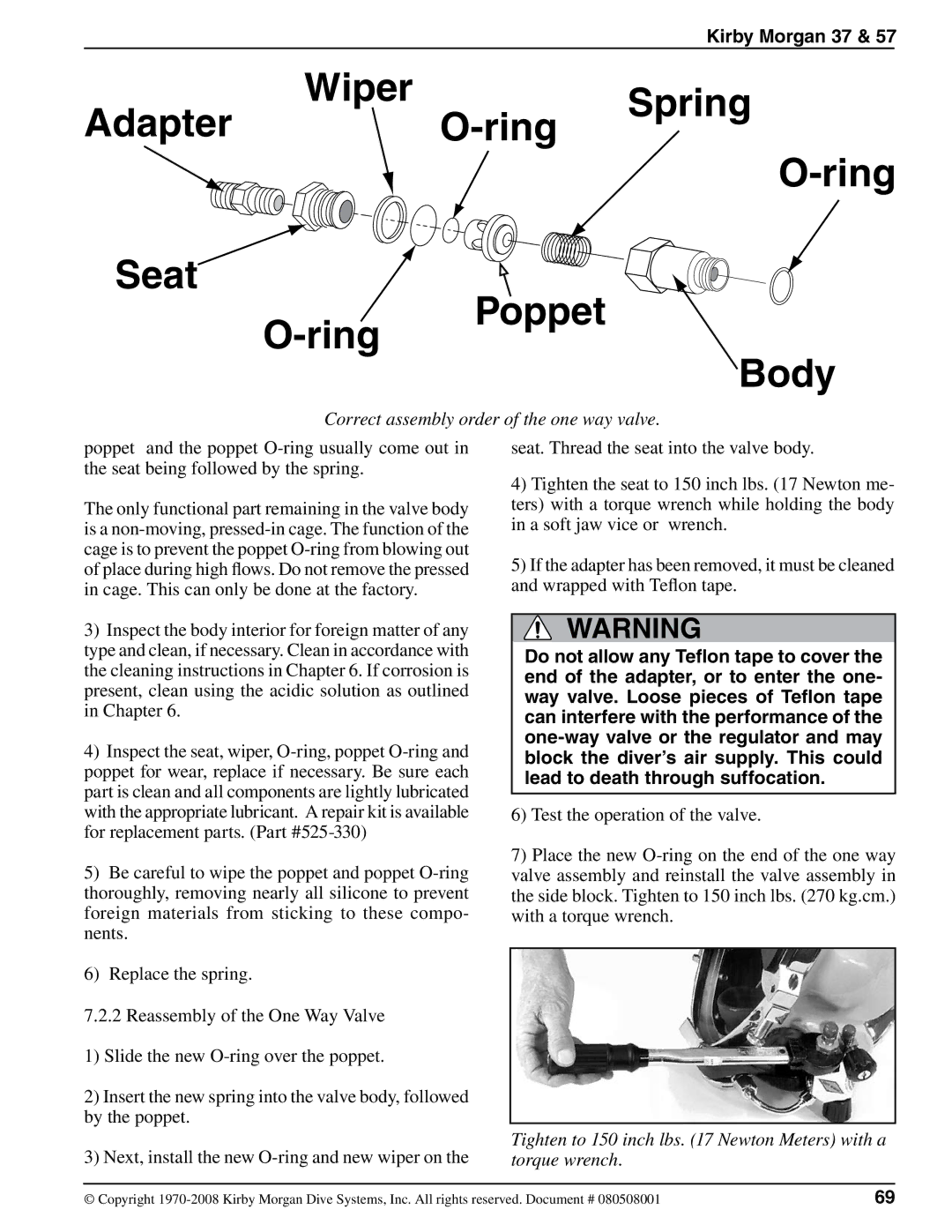 Kirby 37 appendix Correct assembly order of the one way valve, Tighten to 150 inch lbs Newton Meters with a torque wrench 