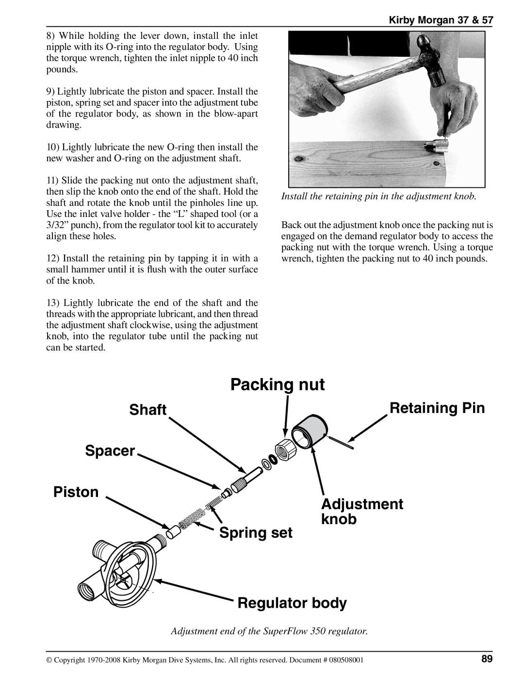 Kirby 37 appendix Install the retaining pin in the adjustment knob, Adjustment end of the SuperFlow 350 regulator 