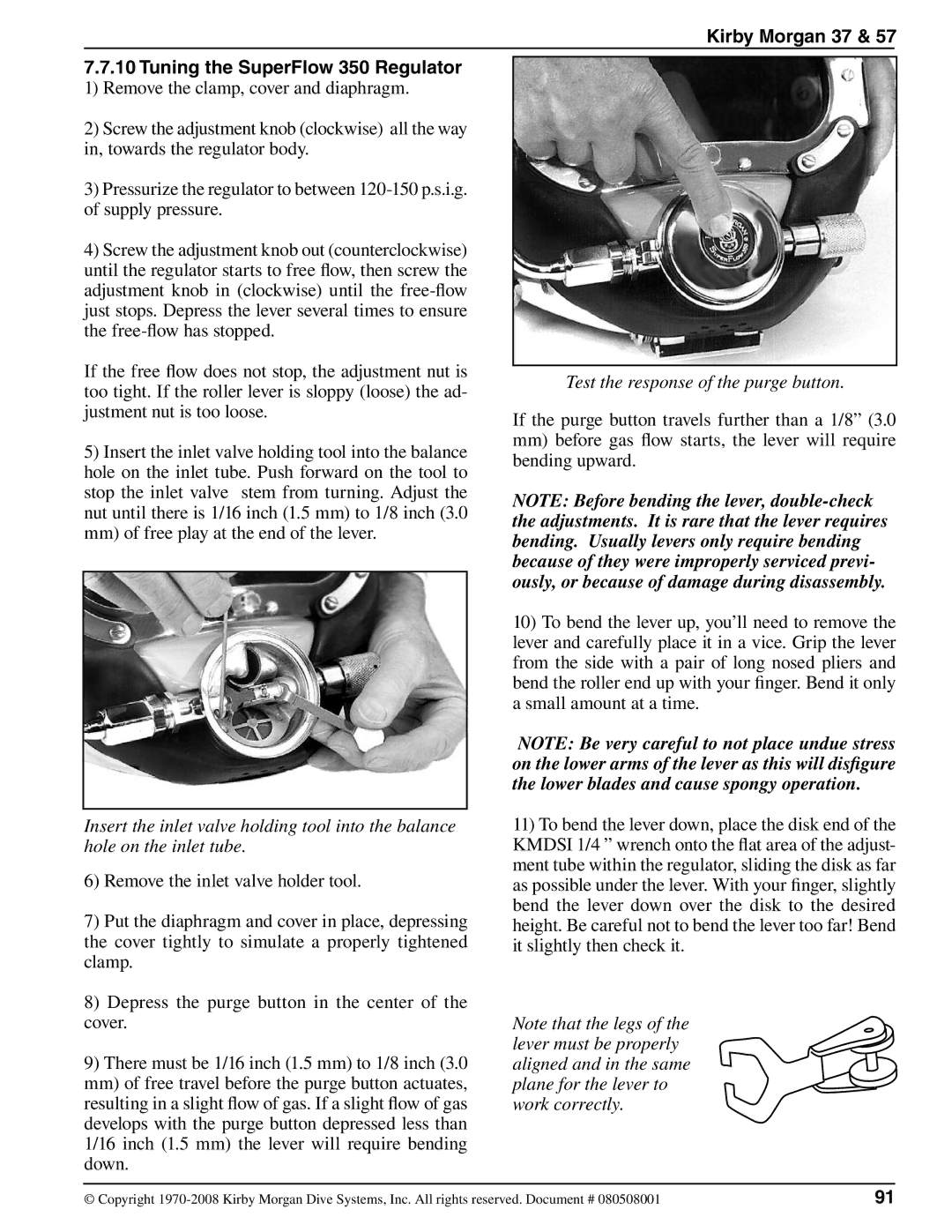 Kirby appendix Kirby Morgan 37 Tuning the SuperFlow 350 Regulator, Test the response of the purge button 