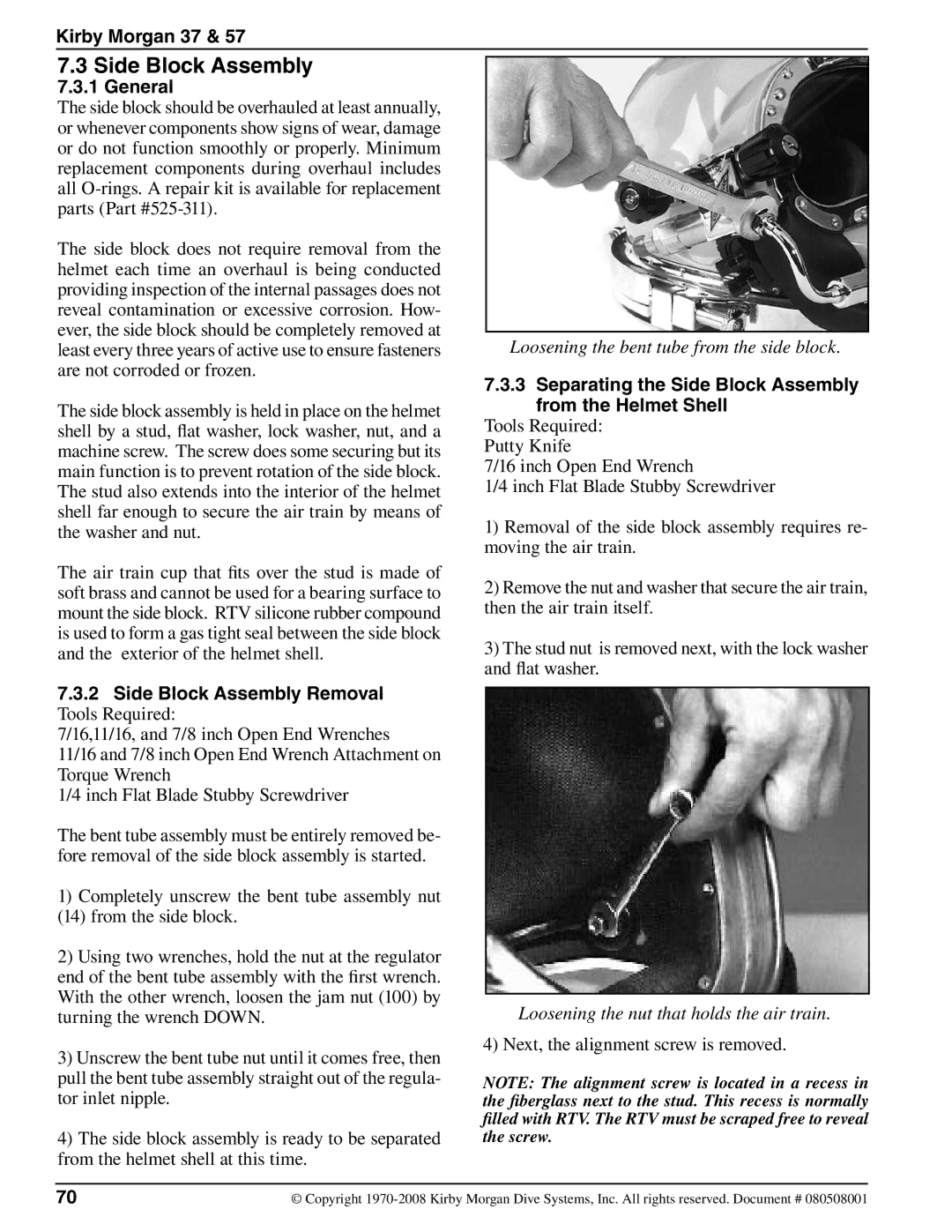 Kirby 37 appendix General, Side Block Assembly Removal, Separating the Side Block Assembly from the Helmet Shell 