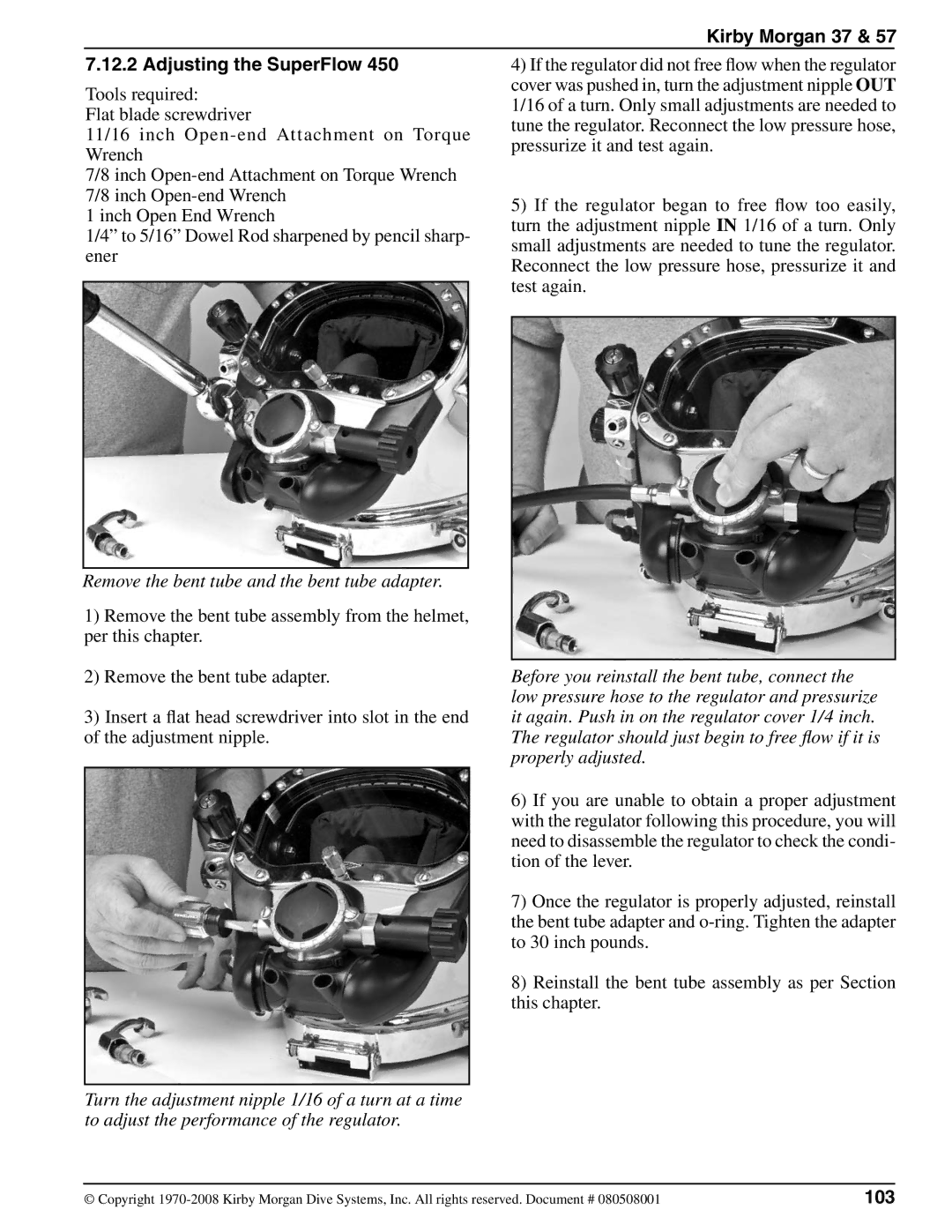 Kirby appendix Kirby Morgan 37 Adjusting the SuperFlow, Remove the bent tube and the bent tube adapter, 103 