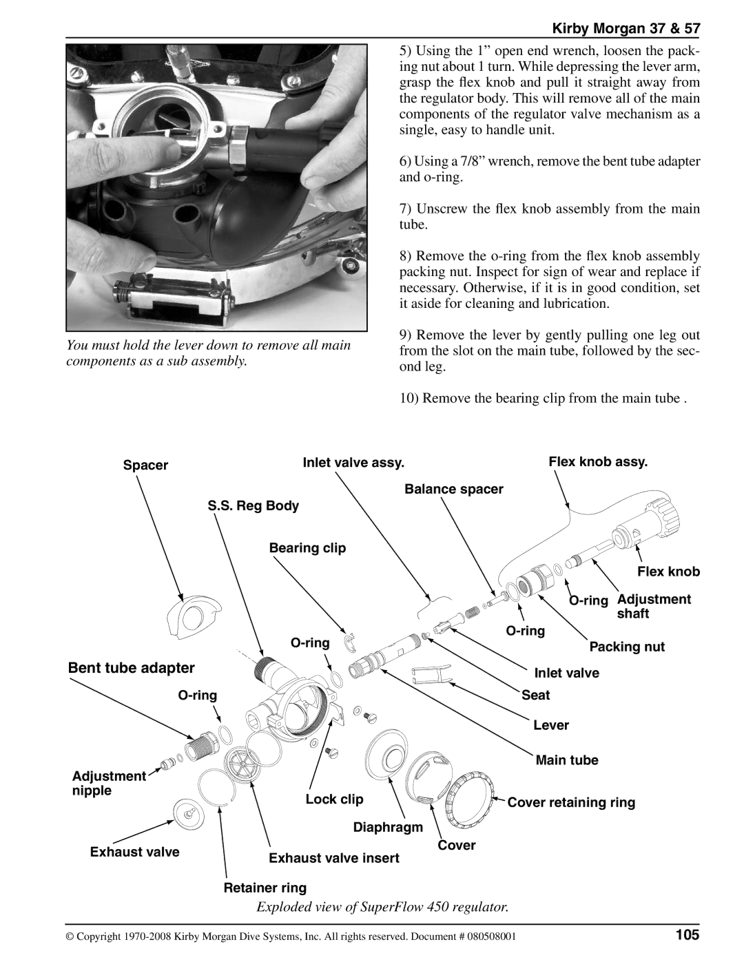 Kirby 37 appendix Bent tube adapter, Exploded view of SuperFlow 450 regulator, 105 