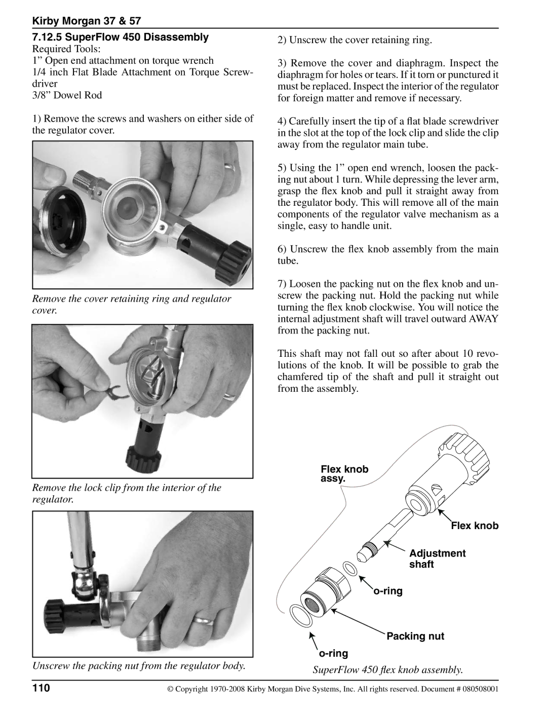 Kirby appendix Kirby Morgan 37 SuperFlow 450 Disassembly, SuperFlow 450 flex knob assembly, 110 