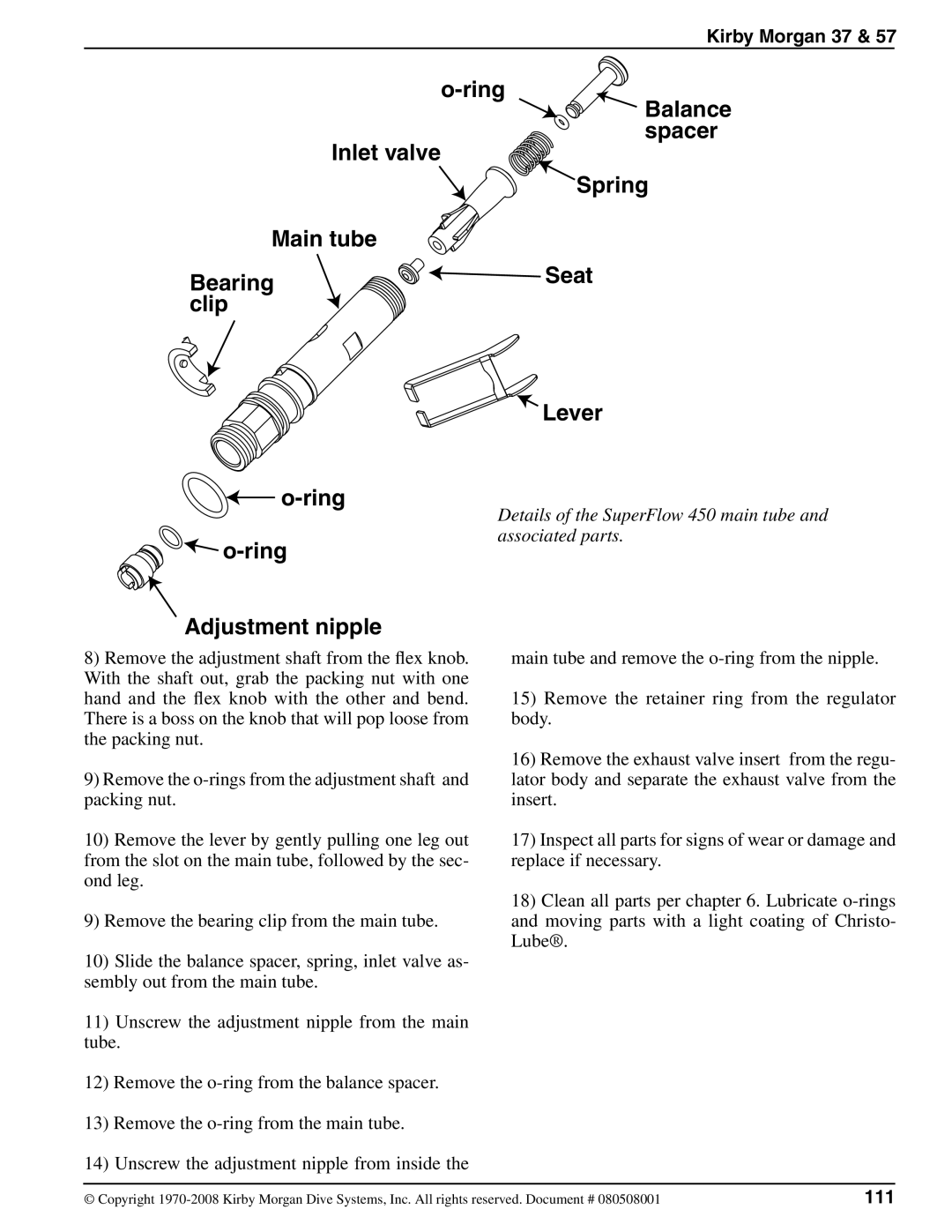 Kirby 37 appendix Ring, Details of the SuperFlow 450 main tube and associated parts, 111 