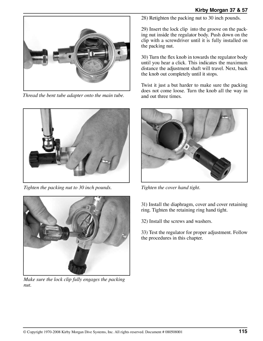 Kirby 37 appendix Tighten the cover hand tight, Make sure the lock clip fully engages the packing nut, 115 