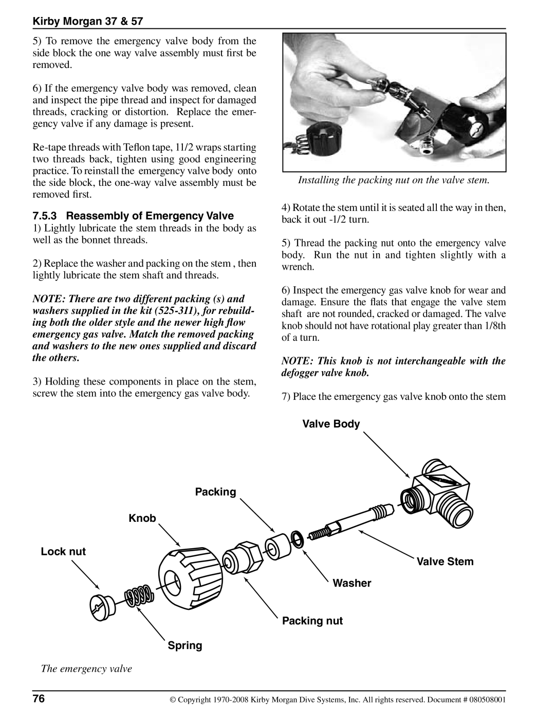 Kirby 37 appendix Reassembly of Emergency Valve, Packing Knob Lock nut Spring, Valve Body Valve Stem Washer Packing nut 