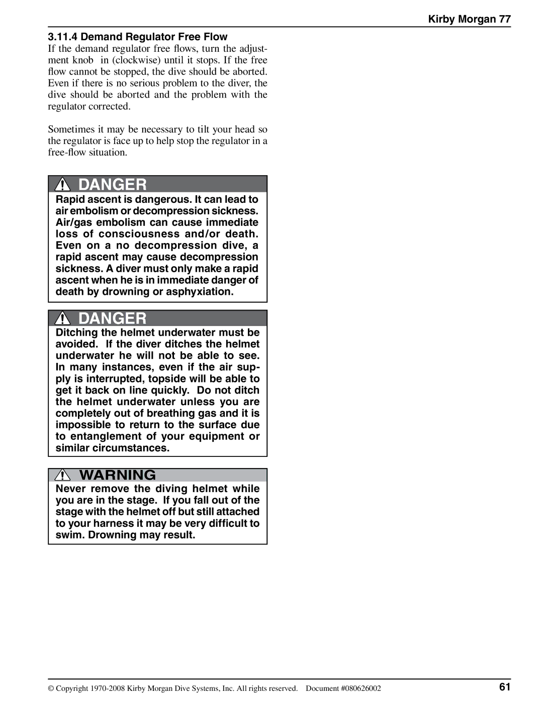 Kirby 77 operating instructions Kirby Morgan Demand Regulator Free Flow 