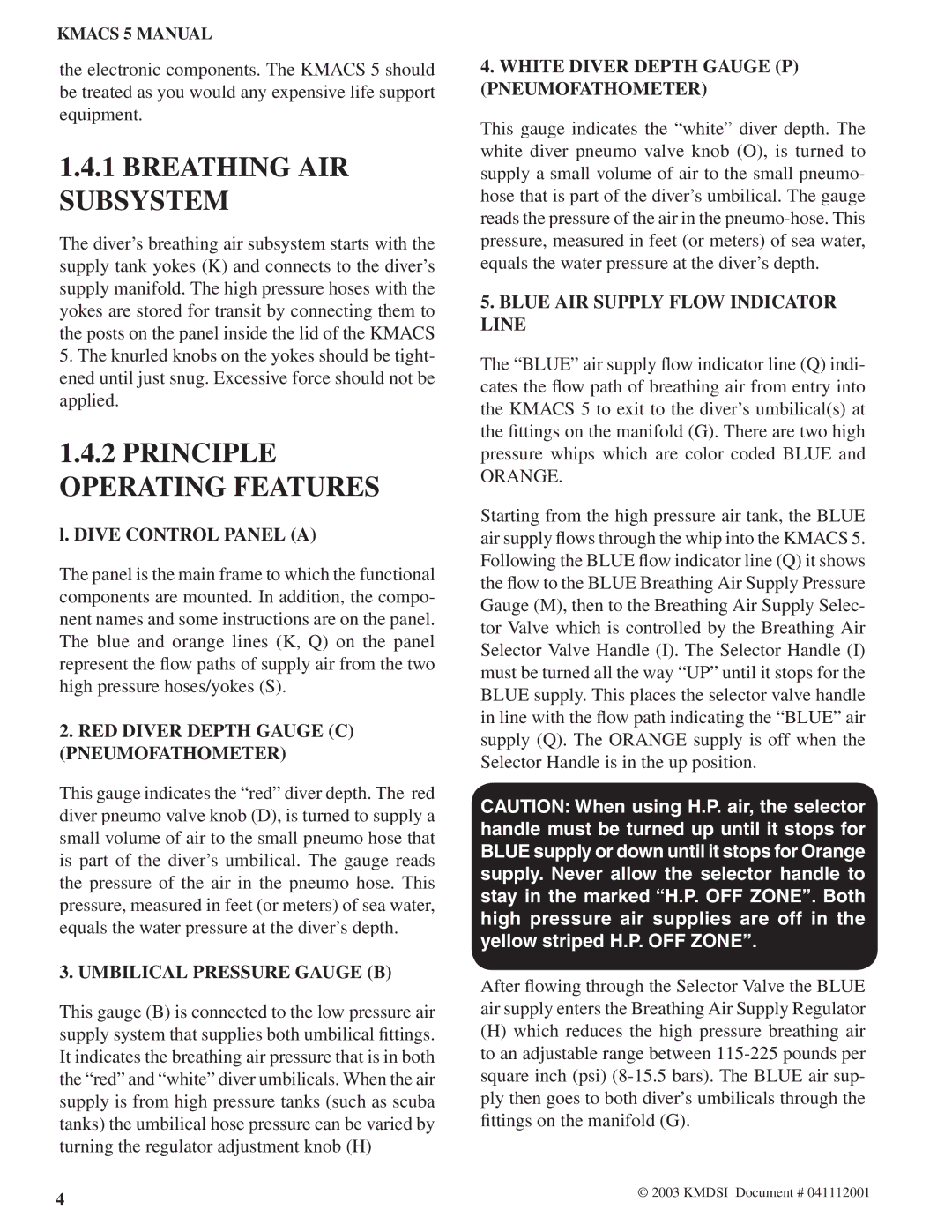 Kirby Air Control System, 5 manual Breathing AIR Subsystem, Principle Operating Features 