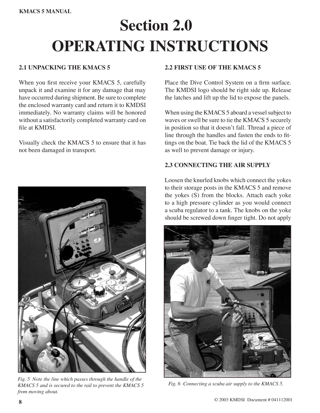 Kirby Air Control System, 5 manual Unpacking the Kmacs, First USE of the Kmacs, Connecting the AIR Supply 