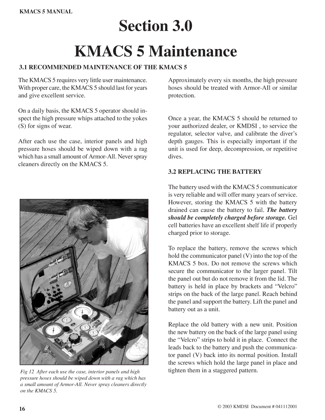 Kirby Air Control System, 5 manual Recommended Maintenance of the Kmacs, Replacing the Battery 