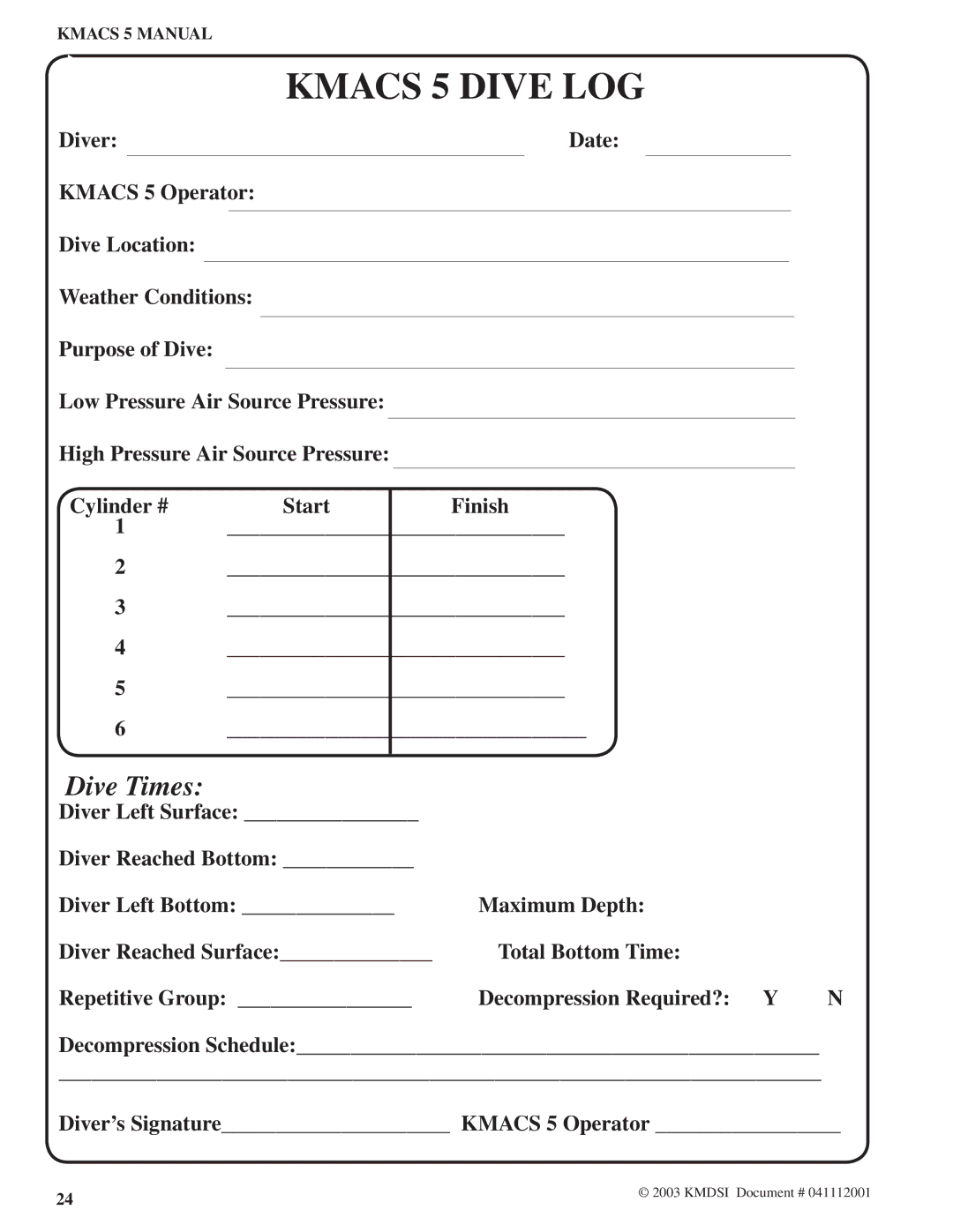 Kirby Air Control System manual Kmacs 5 Dive LOG 