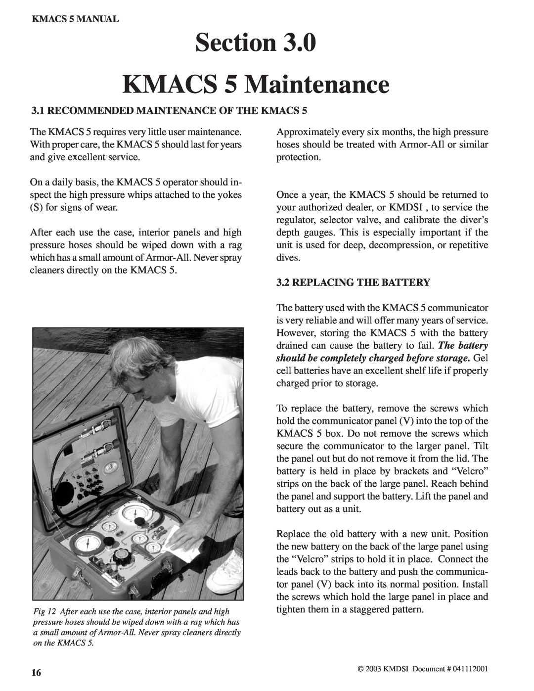 Kirby Air Control System manual Section KMACS 5 Maintenance, Recommended Maintenance Of The Kmacs, Replacing The Battery 