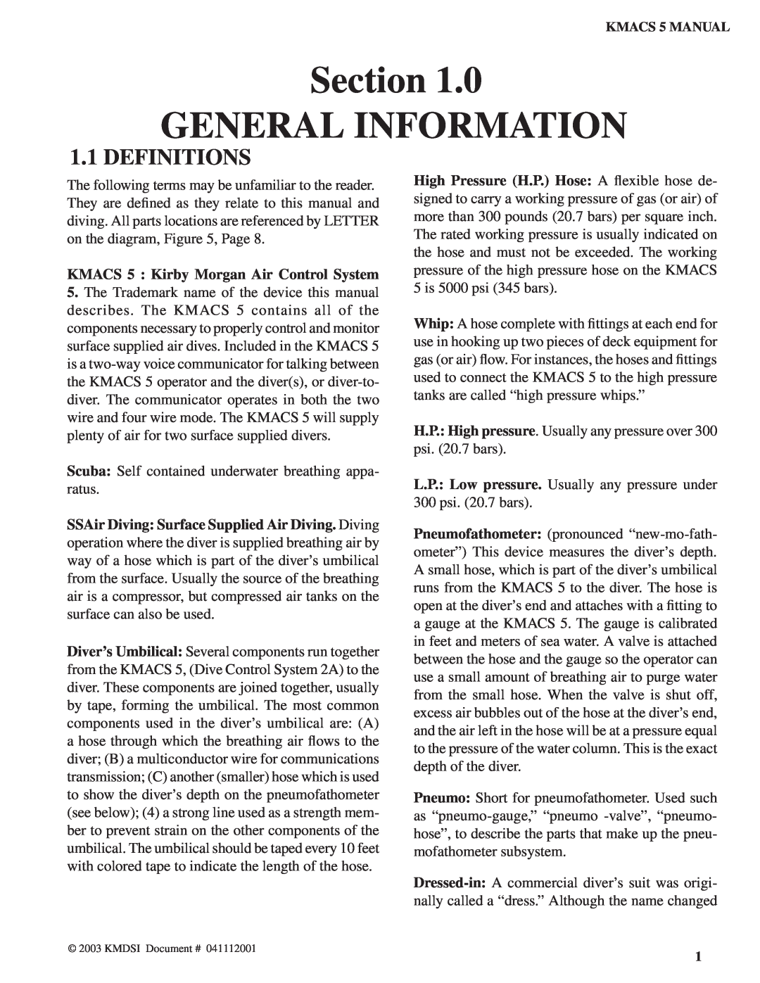 Kirby manual Section GENERAL INFORMATION, Definitions, KMACS 5 Kirby Morgan Air Control System 