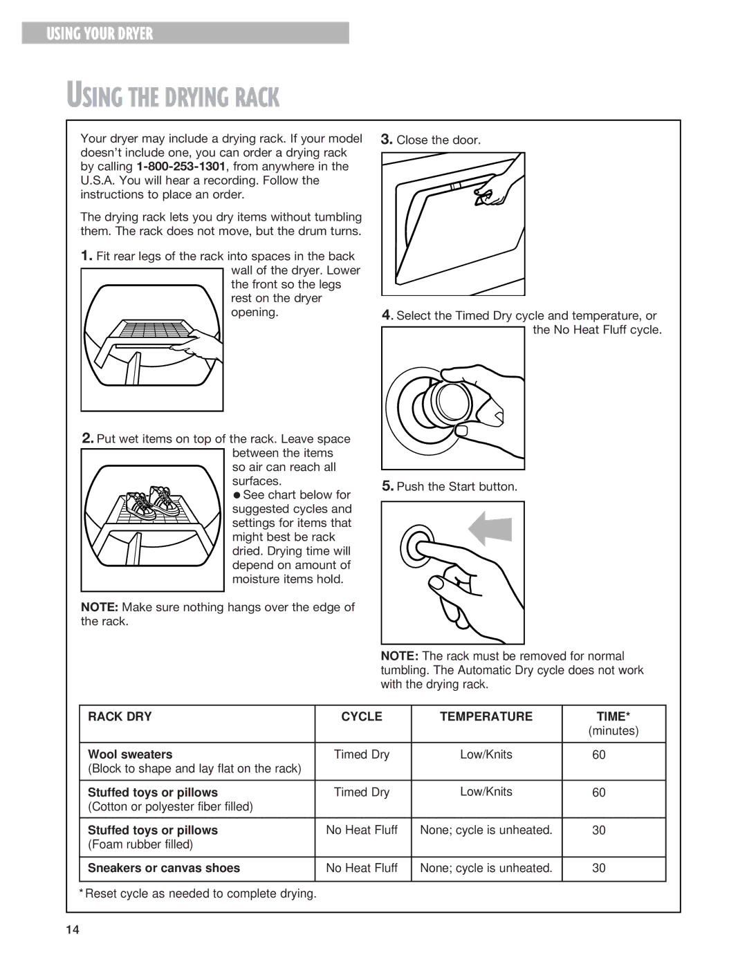 Kirkland Signature 3406079 warranty Using the Drying Rack, Rack DRY Cycle Temperature Time 