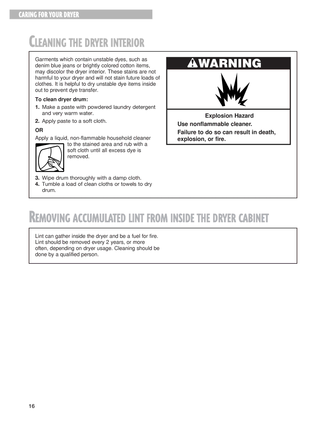 Kirkland Signature 3406079 warranty Cleaning the Dryer Interior, To clean dryer drum 