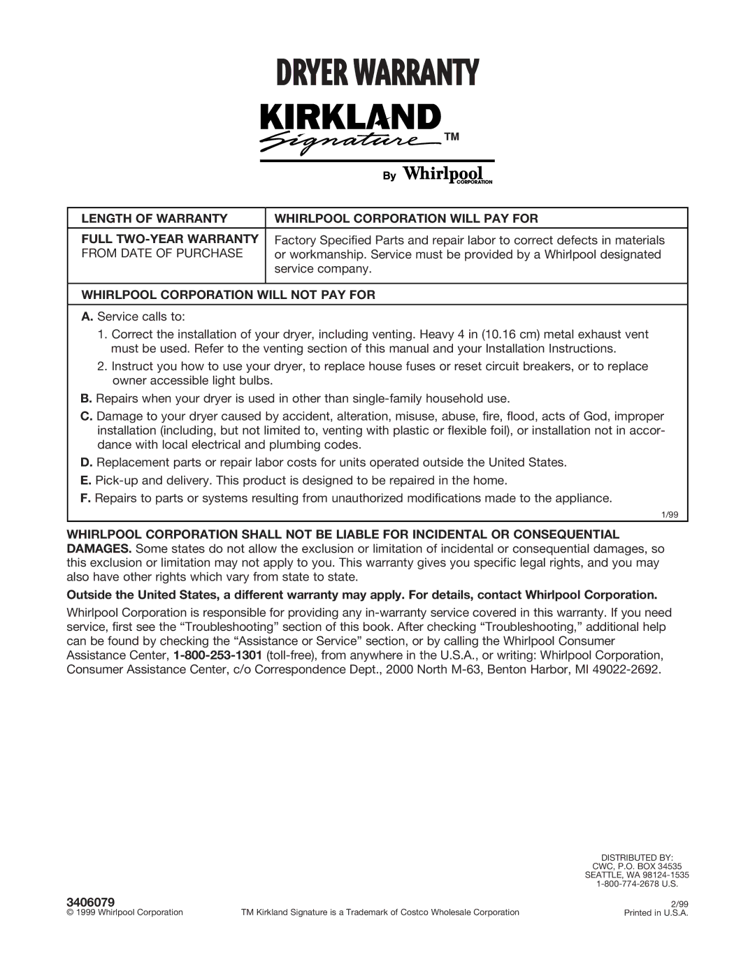 Kirkland Signature 3406079 warranty Dryer Warranty 