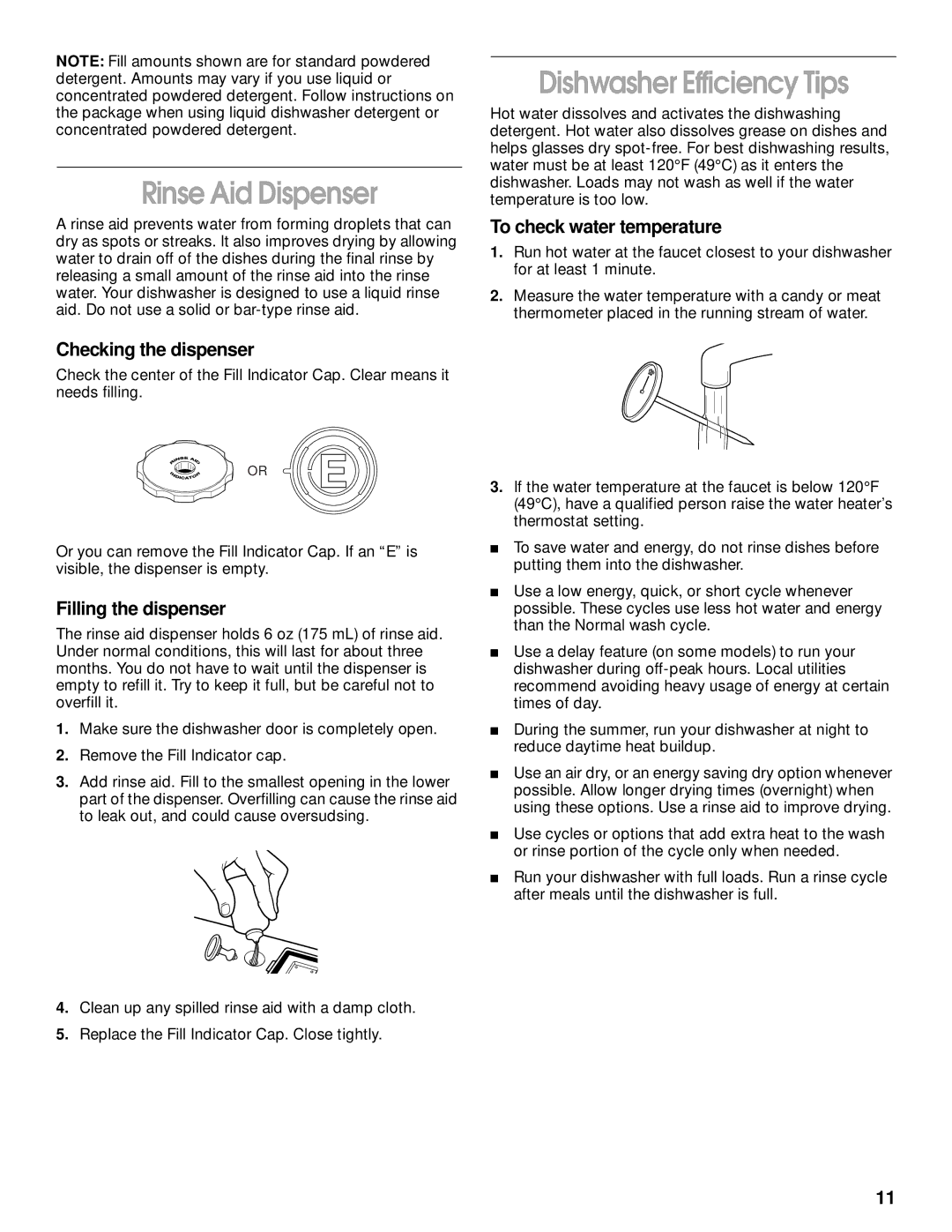 Kirkland Signature 8051560, SUD6000 manual Rinse Aid Dispenser, Dishwasher Efficiency Tips, To check water temperature 