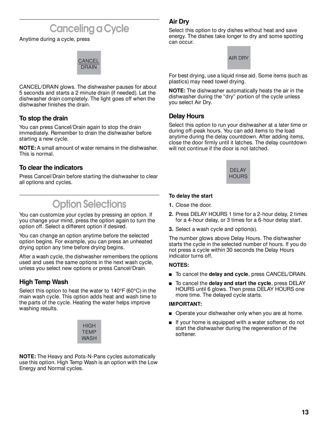 Kirkland Signature 8051560, SUD6000 manual Canceling a Cycle, Option Selections 