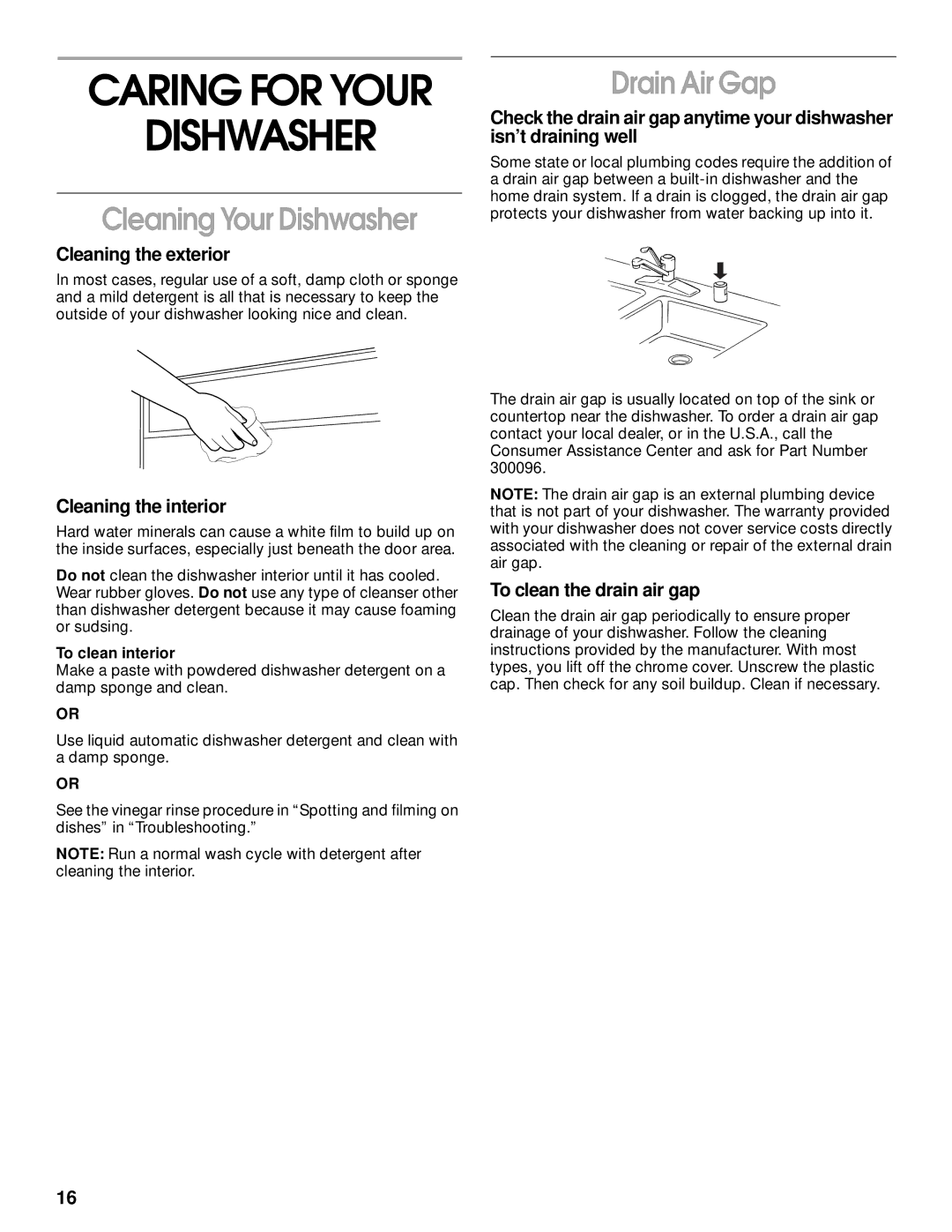 Kirkland Signature SUD6000, 8051560 manual Caring for Your Dishwasher, Cleaning Your Dishwasher, Drain Air Gap 