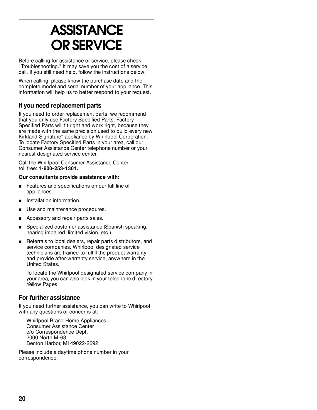 Kirkland Signature SUD6000, 8051560 manual Assistance Or Service, If you need replacement parts, For further assistance 