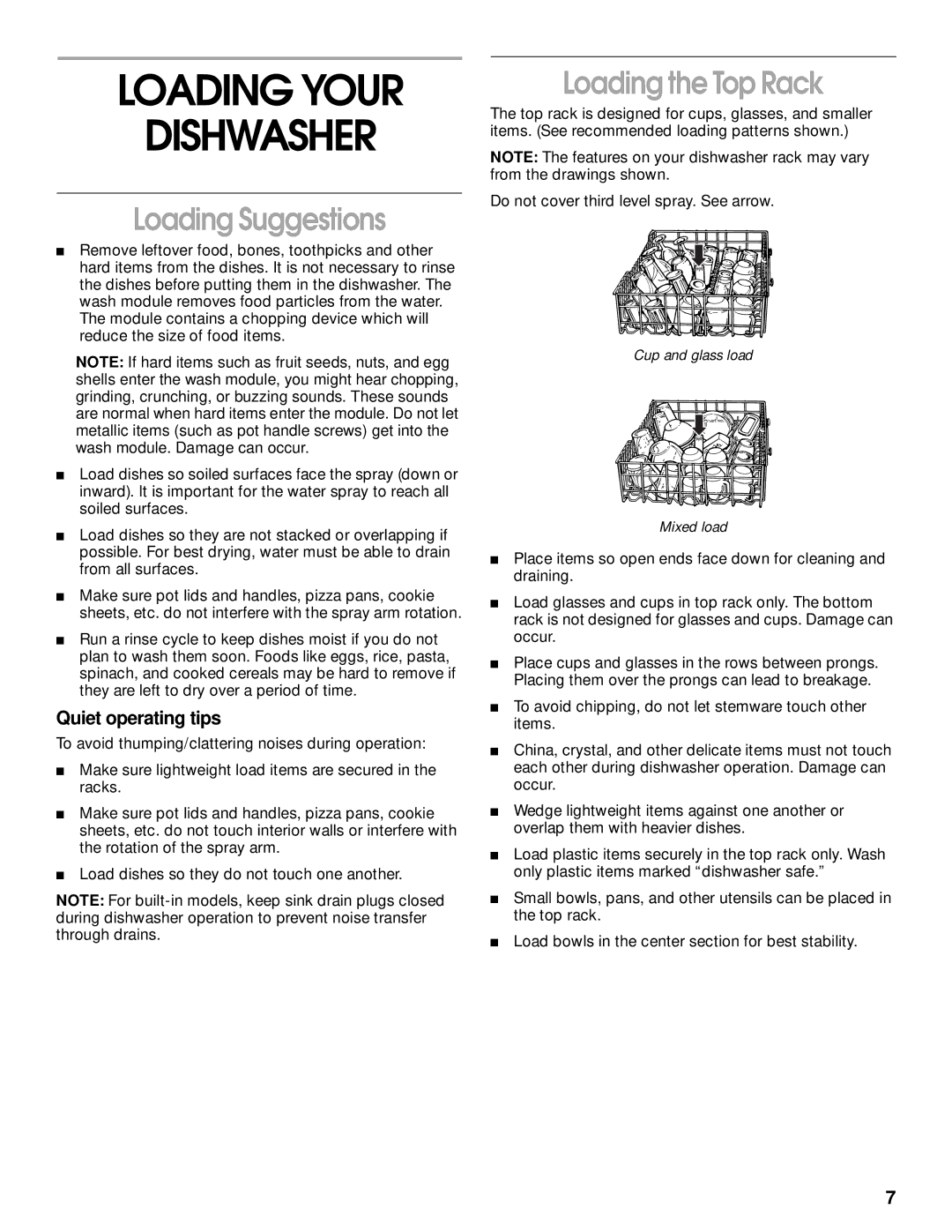 Kirkland Signature 8051560 manual Loading Your Dishwasher, Loading Suggestions, Loading the Top Rack, Quiet operating tips 