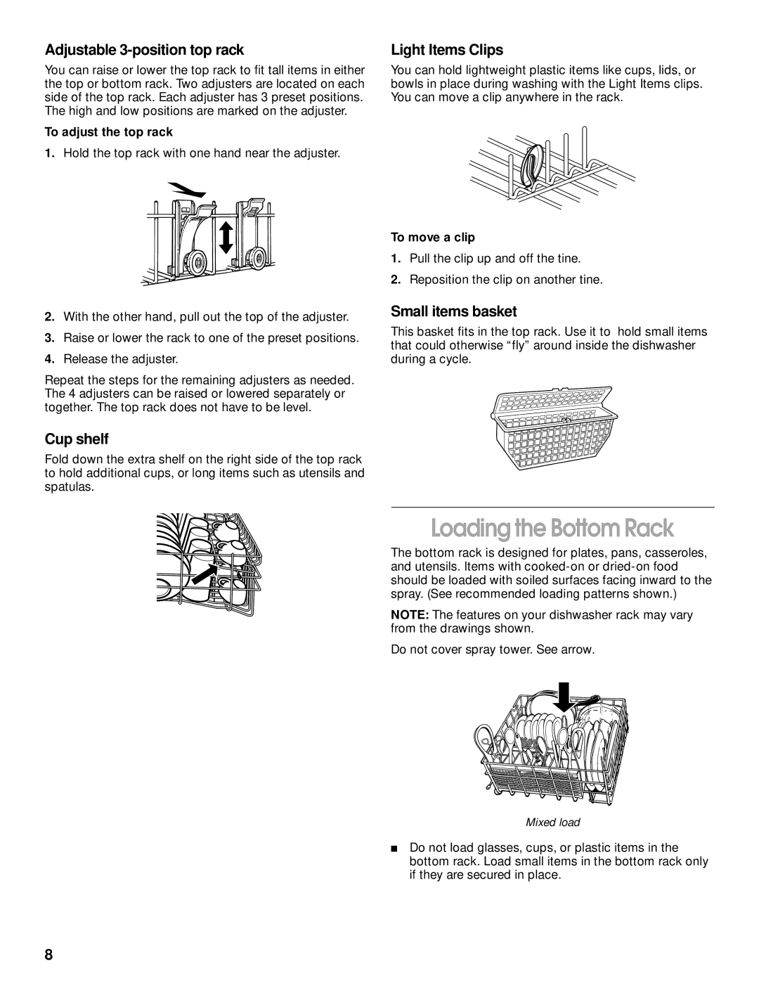 Kirkland Signature SUD6000, 8051560 Loading the Bottom Rack, Adjustable 3-position top rack, Cup shelf, Light Items Clips 