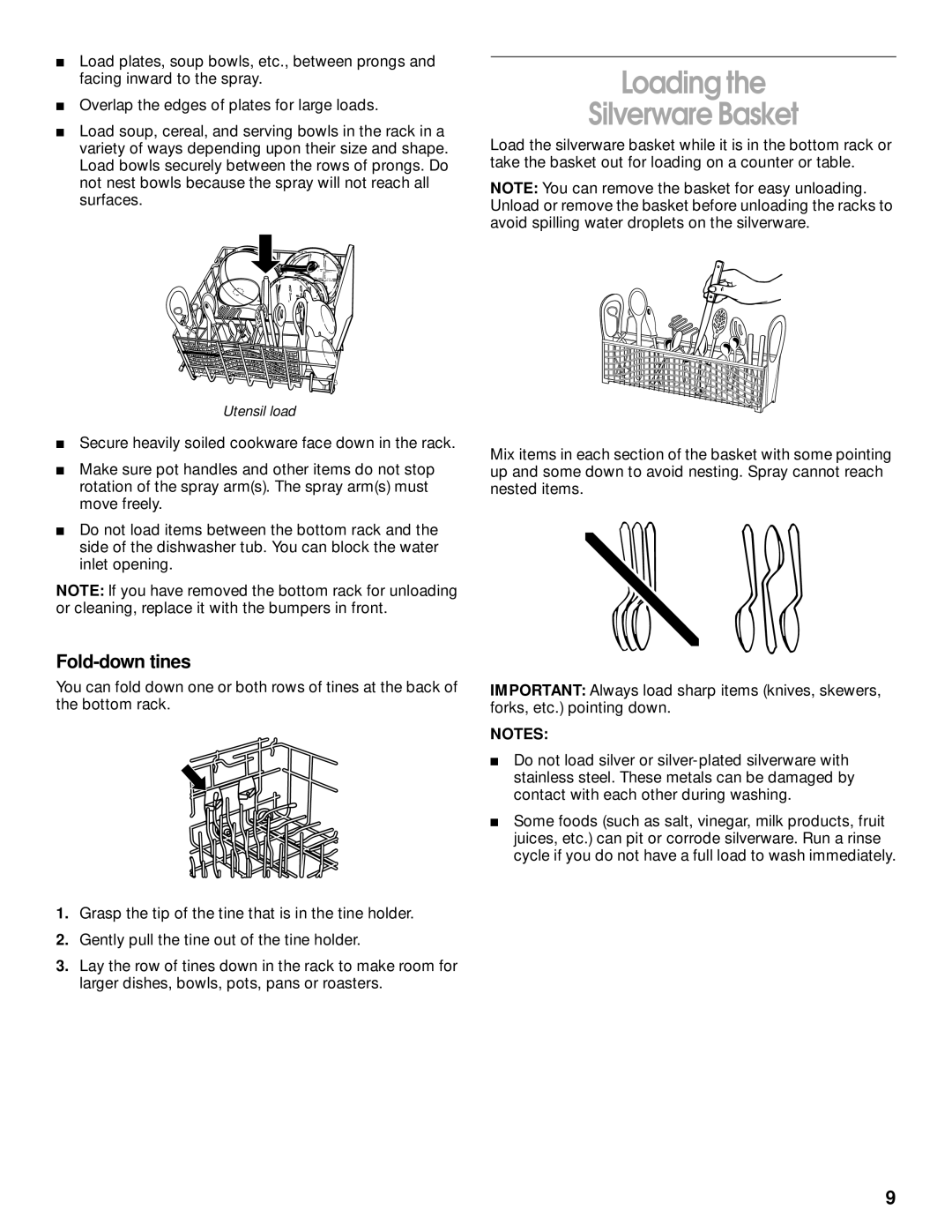 Kirkland Signature 8051560, SUD6000 manual Loading Silverware Basket, Fold-down tines 