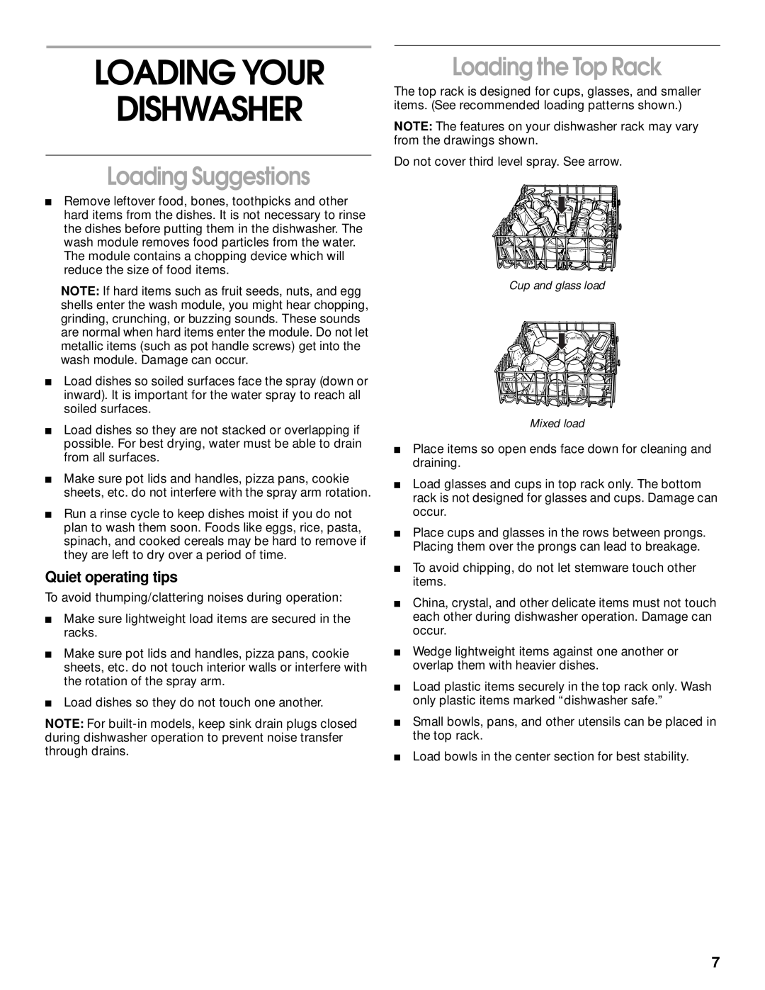 Kirkland Signature 8051560 manual Loading Your Dishwasher, Loading Suggestions, Loading the Top Rack, Quiet operating tips 