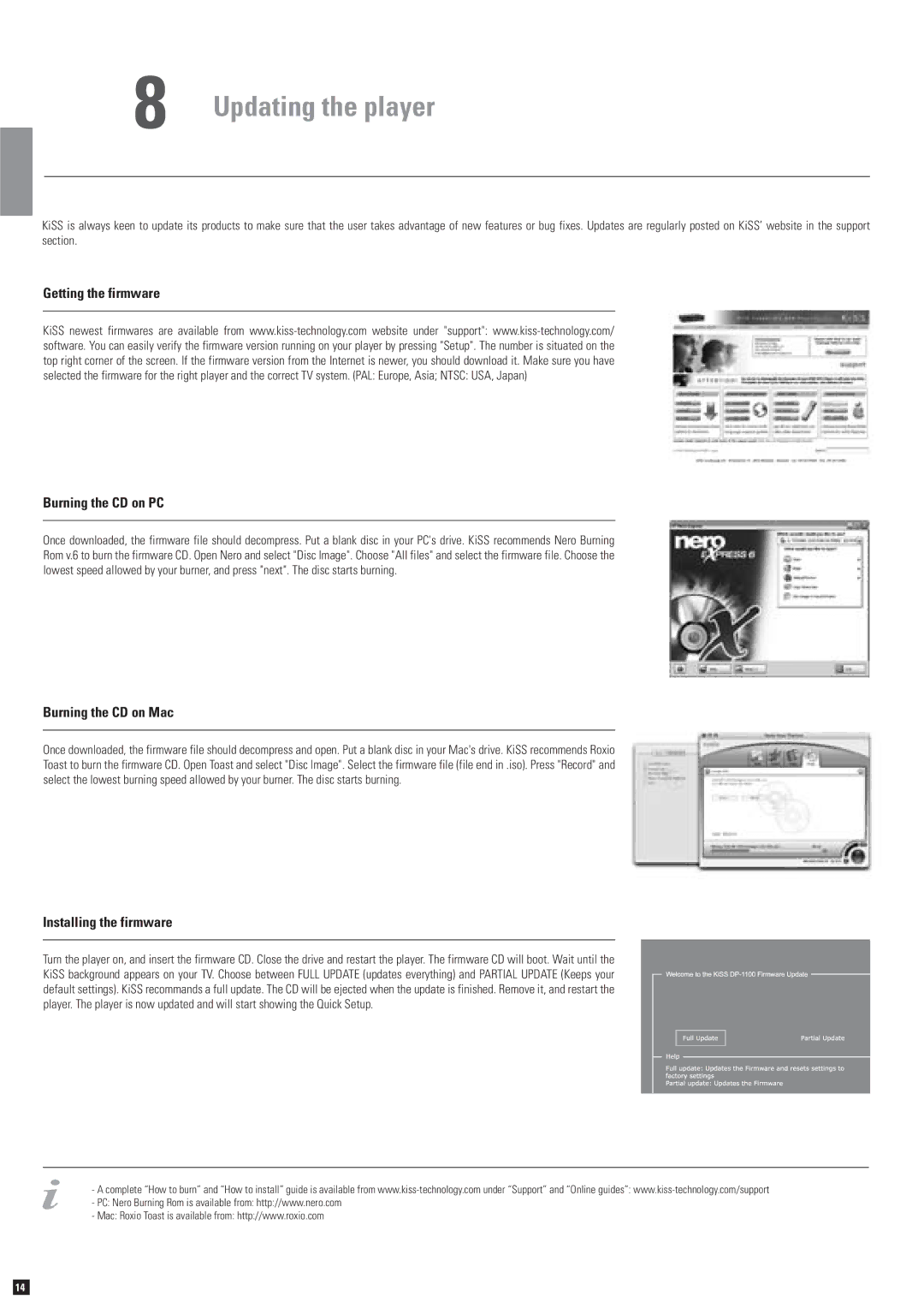 KiSS Networked Entertainment DP-1100 Updating the player, Getting the firmware Burning the CD on PC, Burning the CD on Mac 