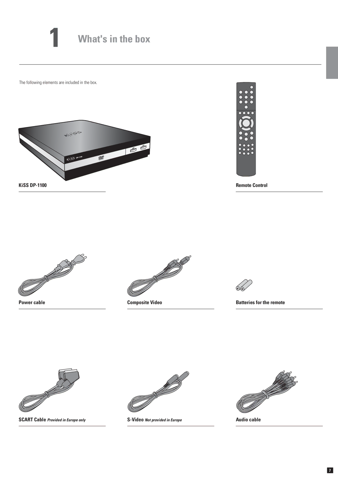 KiSS Networked Entertainment DP-1100 manual Whats in the box, Audio cable, Following elements are included in the box 