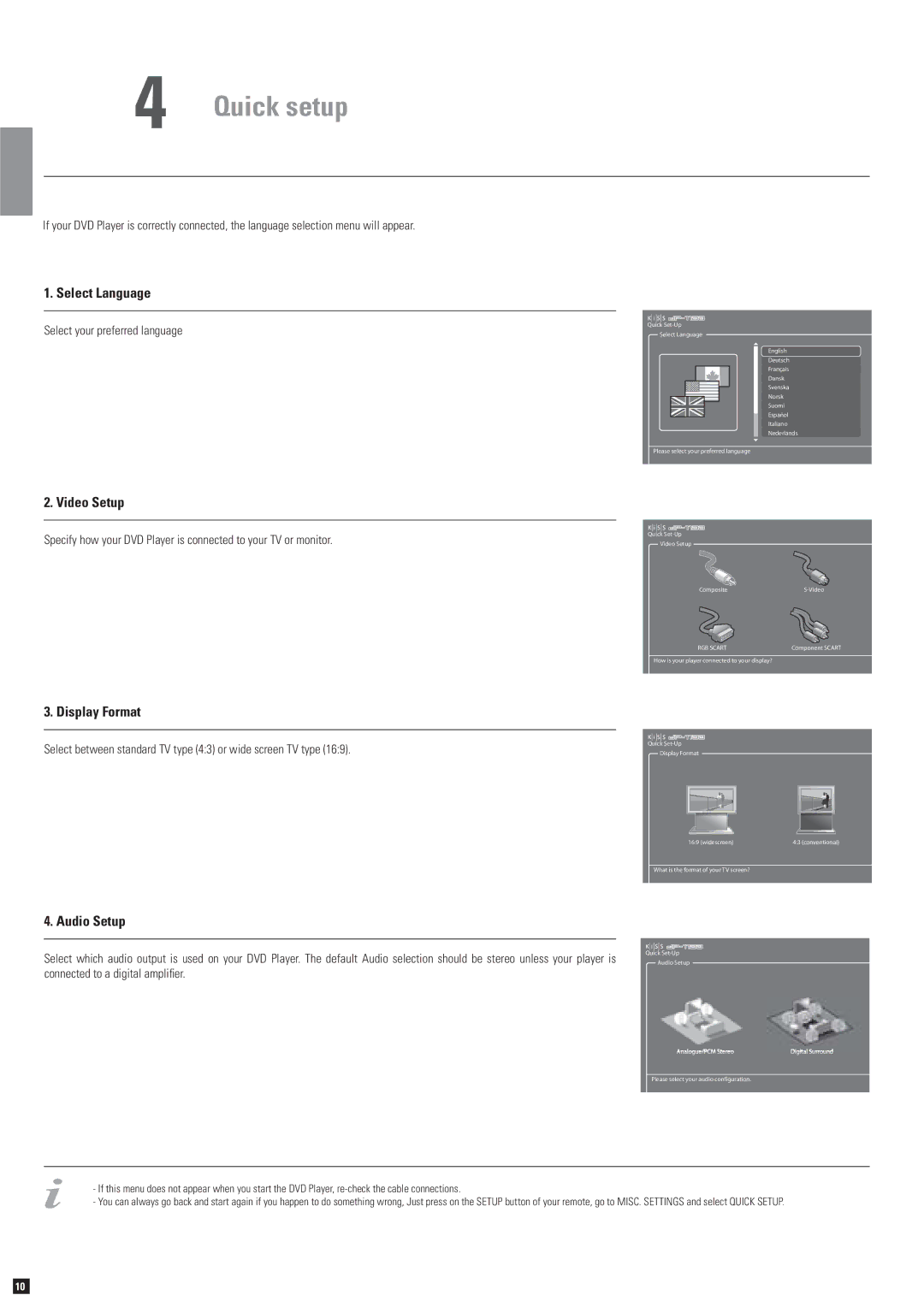 KiSS Networked Entertainment DP-1100 manual Quick setup, Select Language, Video Setup, Display Format, Audio Setup 