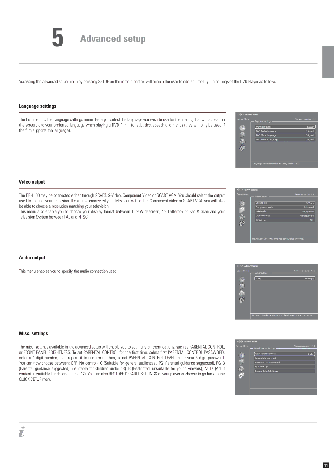 KiSS Networked Entertainment DP-1100 manual Advanced setup, Language settings, Video output, Audio output, Misc. settings 
