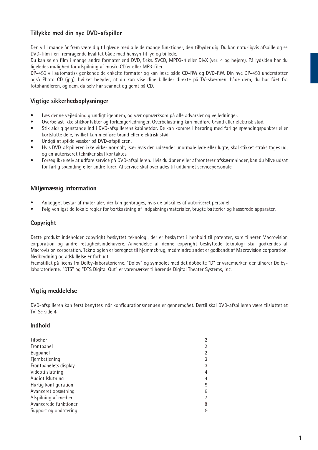 KiSS Networked Entertainment DP-450 Tillykke med din nye DVD-afspiller, Vigtige sikkerhedsoplysninger, Copyright, Indhold 