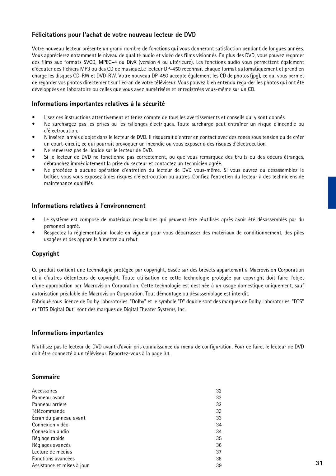 KiSS Networked Entertainment DP-450 Félicitations pour l’achat de votre nouveau lecteur de DVD, Informations importantes 