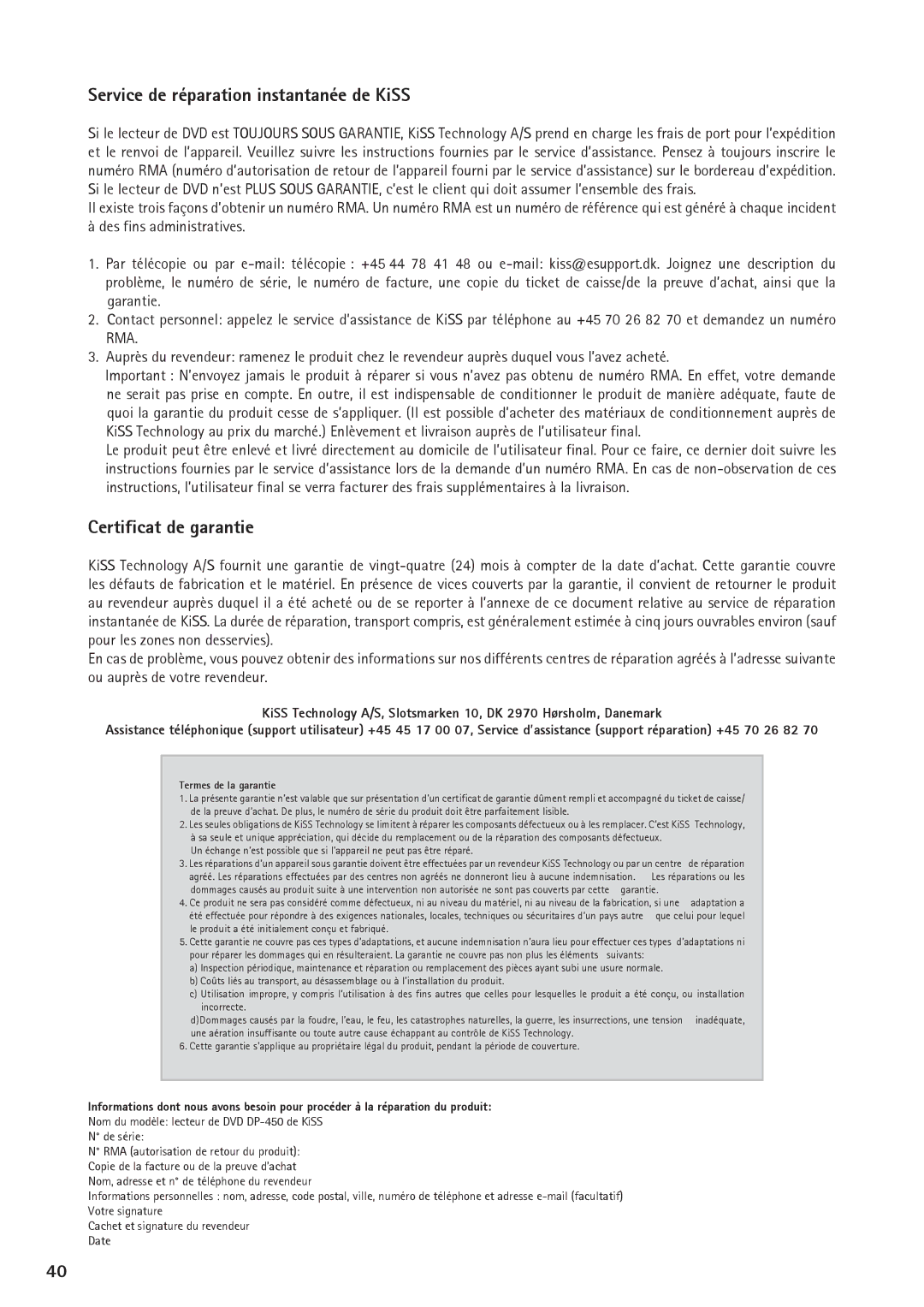 KiSS Networked Entertainment DP-450 manual Service de réparation instantanée de KiSS, Certificat de garantie 