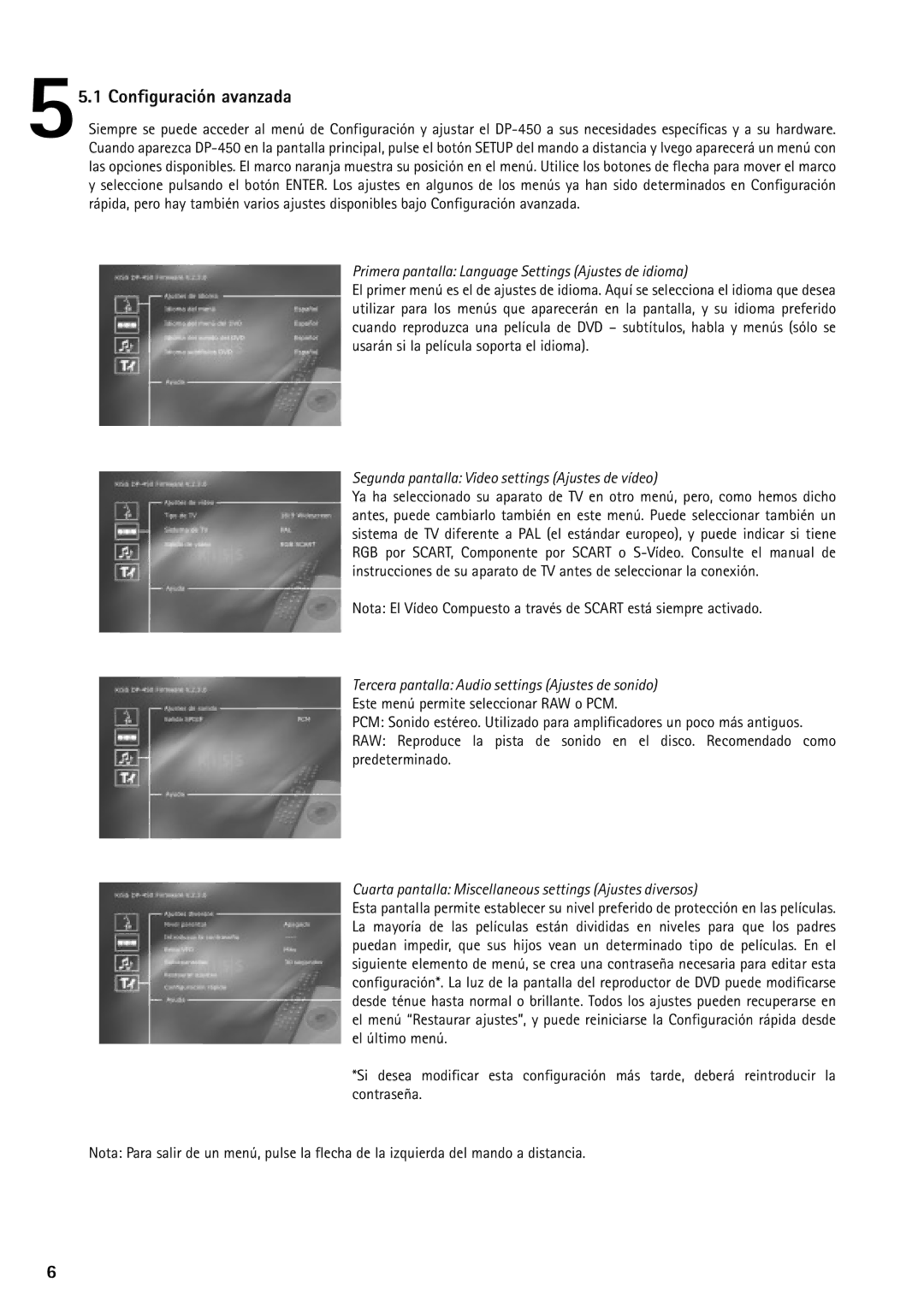 KiSS Networked Entertainment DP-450 manual Configuración avanzada, Primera pantalla Language Settings Ajustes de idioma 