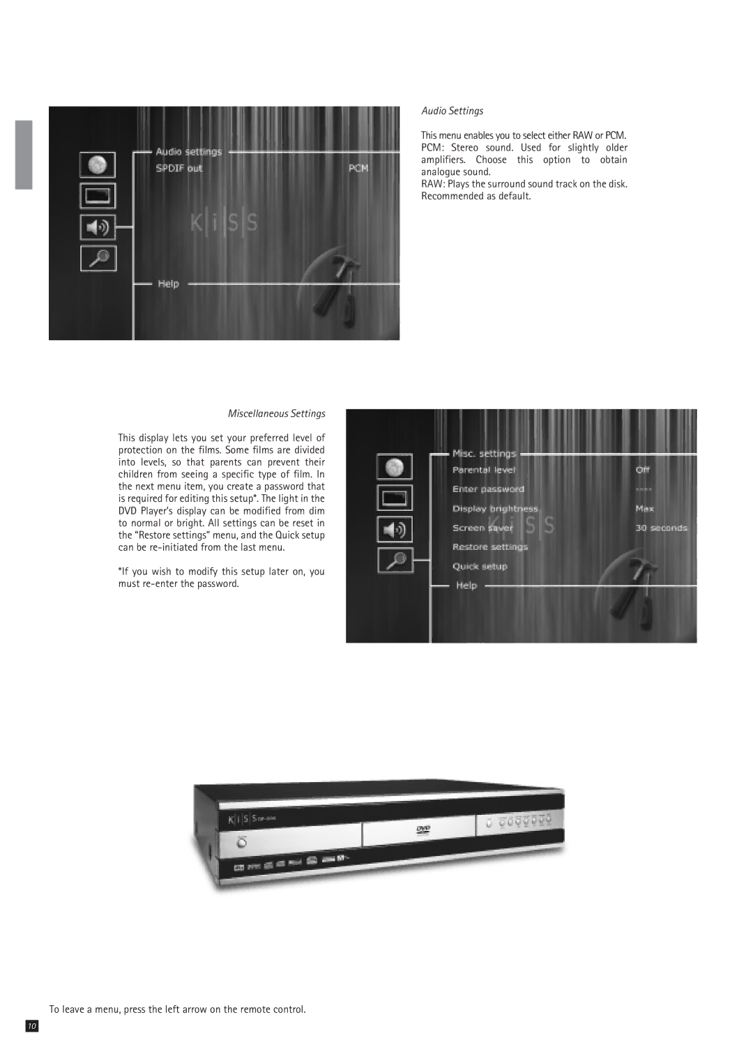 KiSS Networked Entertainment DP-500 manual Audio Settings, Miscellaneous Settings 