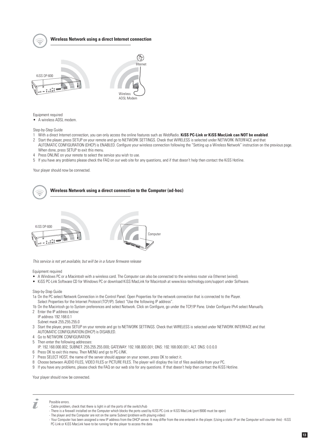 KiSS Networked Entertainment DP-600 manual Wireless Network using a direct Internet connection 