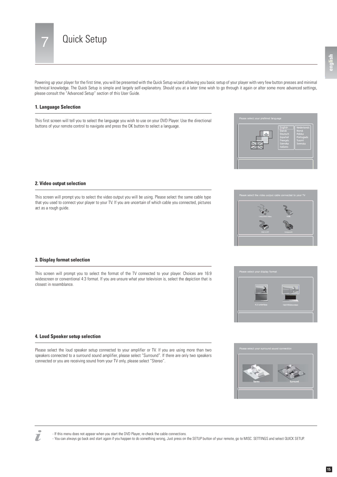 KiSS Networked Entertainment DP-600 Quick Setup, Language Selection, Video output selection, Display format selection 