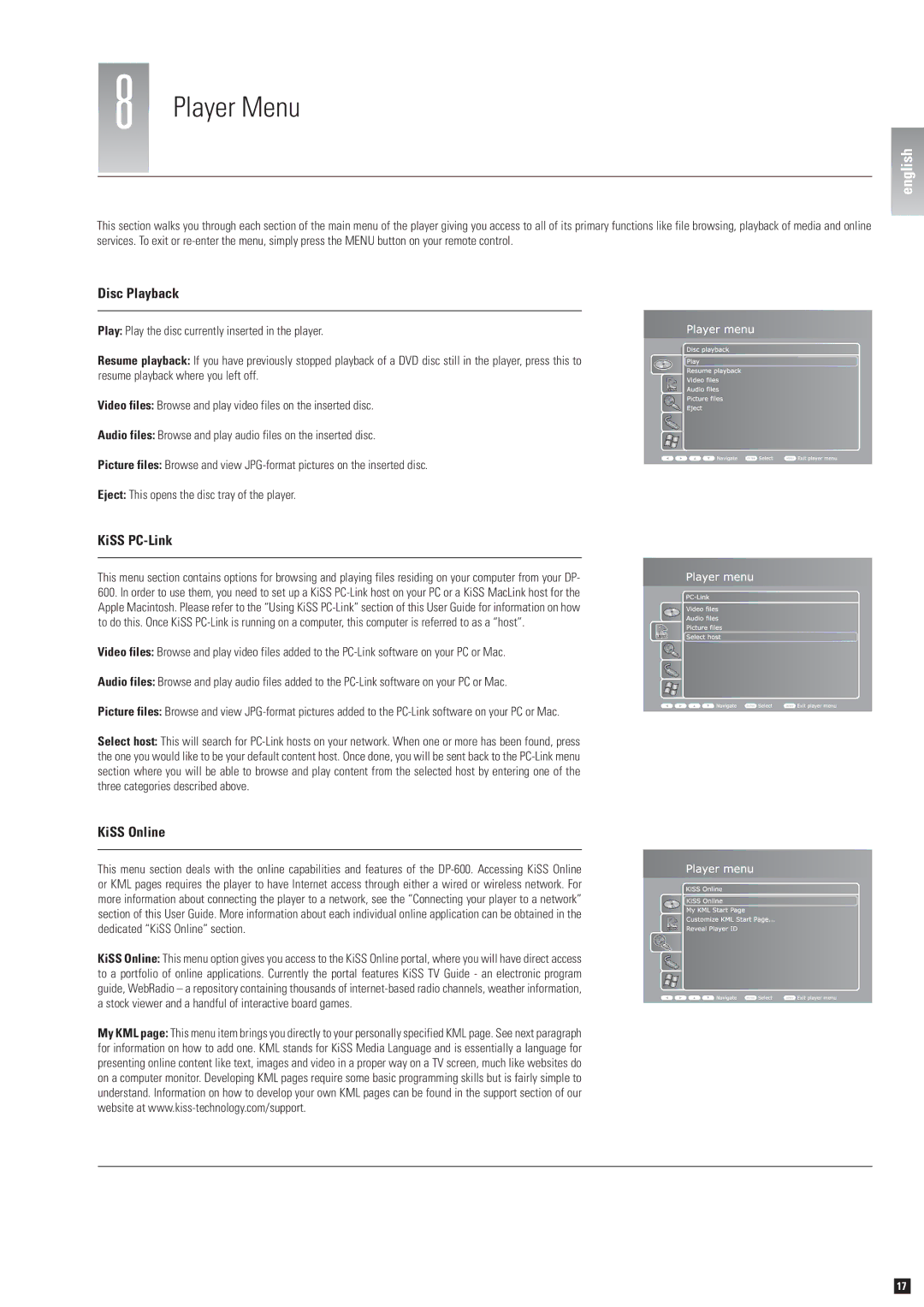 KiSS Networked Entertainment DP-600 manual Player Menu, Disc Playback, KiSS PC-Link, KiSS Online 