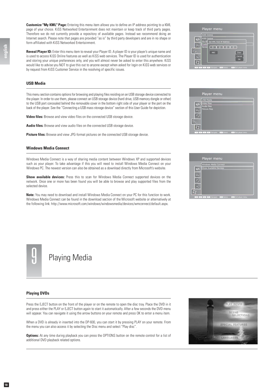 KiSS Networked Entertainment DP-600 manual USB Media, Windows Media Connect, Playing DVDs 