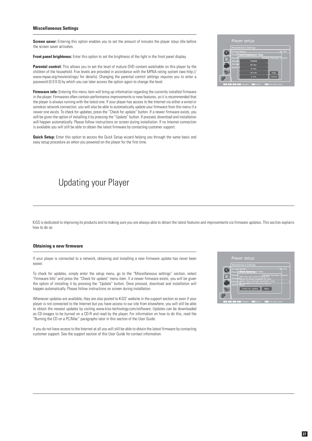 KiSS Networked Entertainment DP-600 manual Updating your Player, Miscellaneous Settings, Obtaining a new firmware 