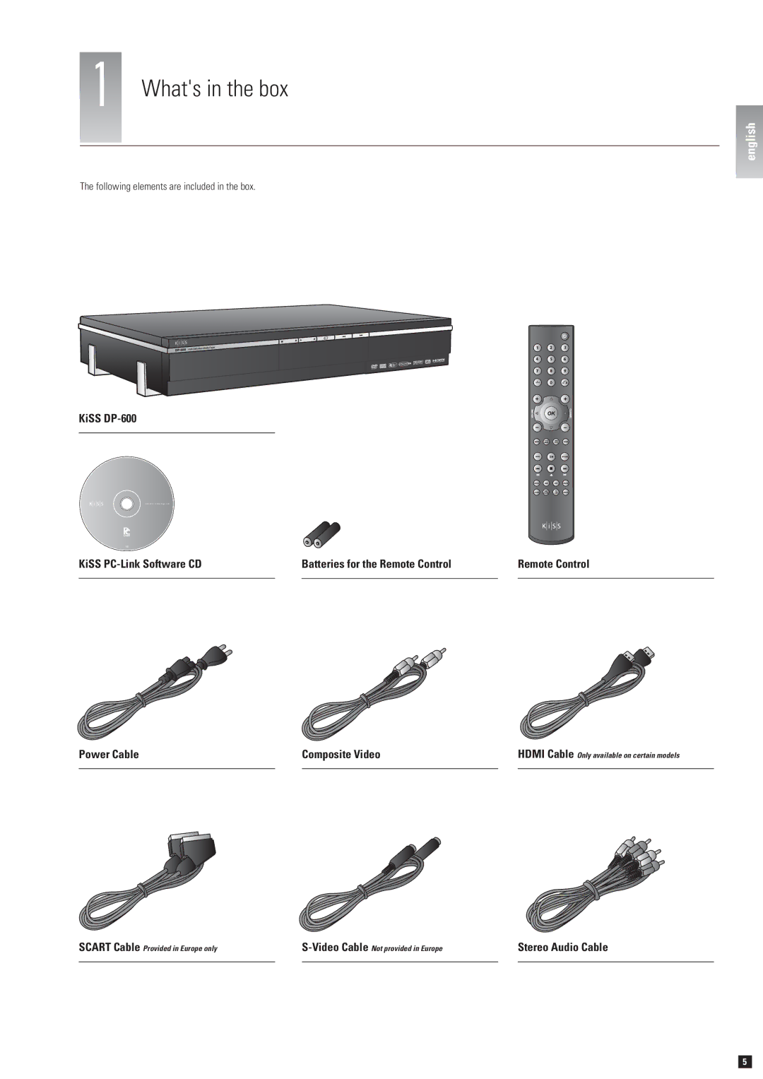 KiSS Networked Entertainment DP-600 manual Whats in the box, Stereo Audio Cable, Following elements are included in the box 