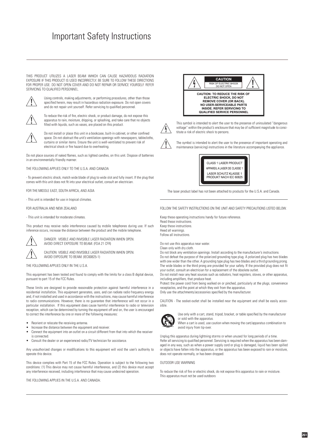 KiSS Networked Entertainment DP-600 manual Important Safety Instructions, Following Applies only to the U.S.A. and Canada 