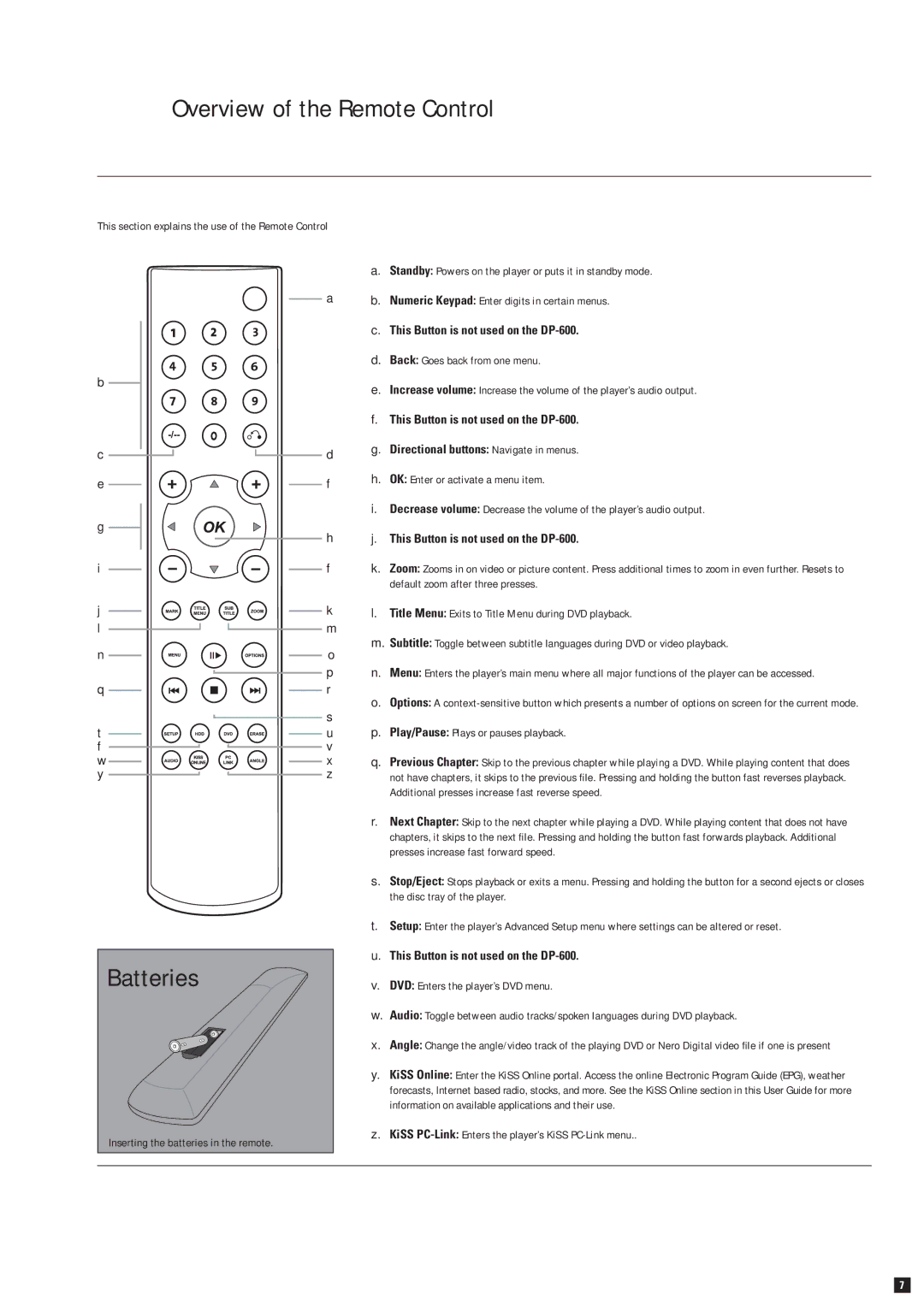 KiSS Networked Entertainment DP-600 manual Batteries, Overview of the Remote Control 