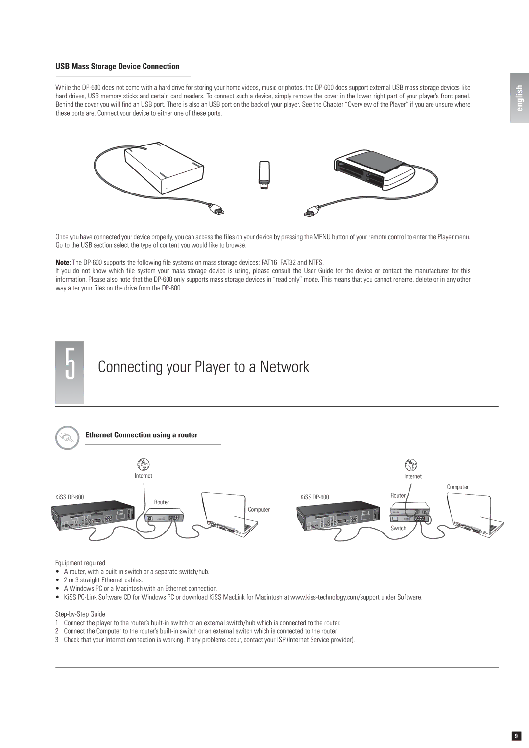 KiSS Networked Entertainment DP-600 manual Connecting your Player to a Network, USB Mass Storage Device Connection 