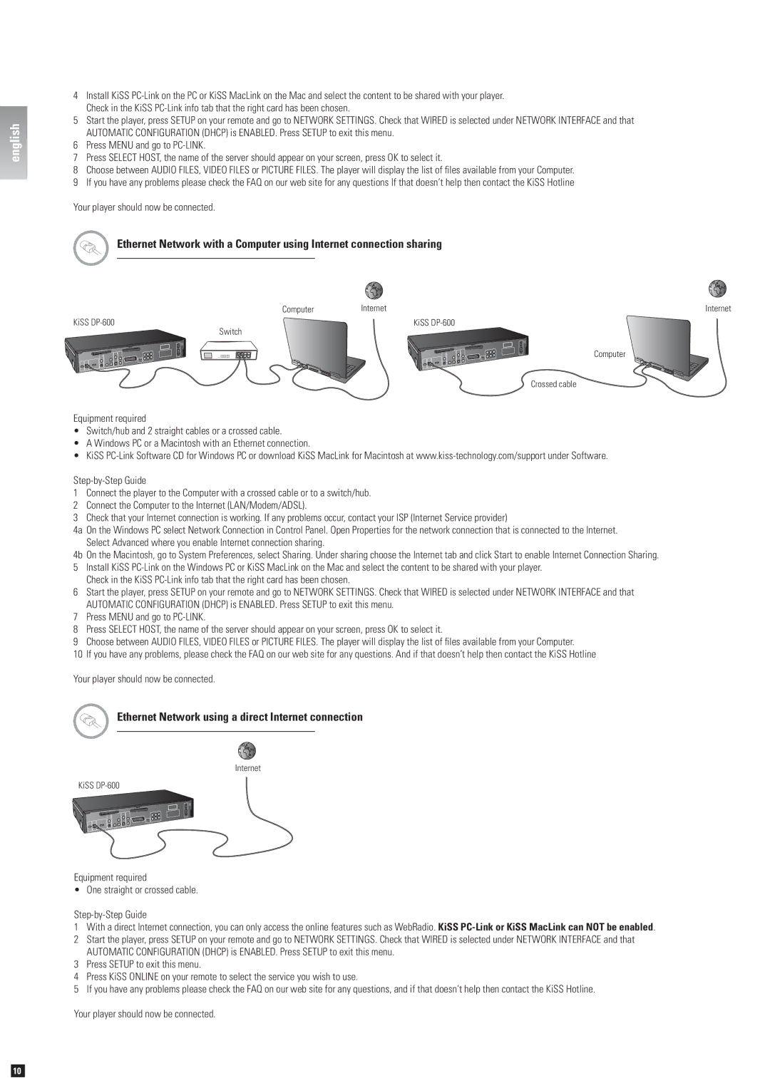 KiSS Networked Entertainment DP-600 manual Ethernet Network using a direct Internet connection 